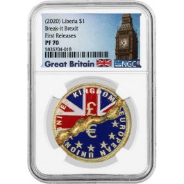 2020 $1 Proof Liberia Break it Brexit Brass Colorized Coin NGC PF70 FR