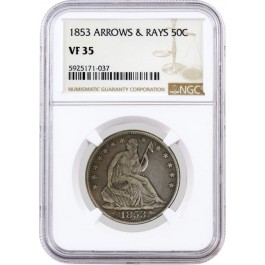 1853 Arrows & Rays 50C Seated Liberty Half Dollar NGC VF35 Very Fine Circulated Coin