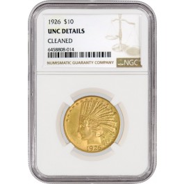 1926 $10 Indian Head Eagle Gold NGC UNC Details Cleaned Uncirculated Coin